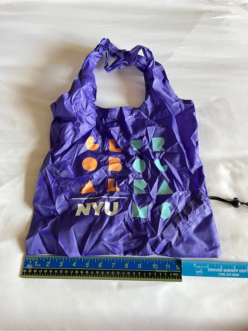 NYU Purple Nylon Packable Reusable Shopping Tote Bag Drawstring Pouch Blue 12x12